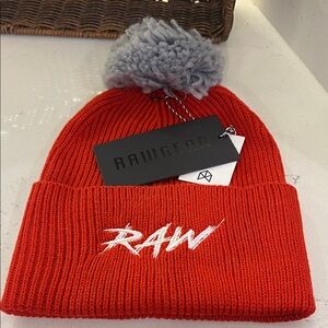 RAW Red Beanie with Gray Pom NWT
